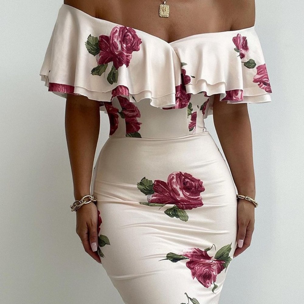 Floral Print Off Shoulder Ruffles Dress